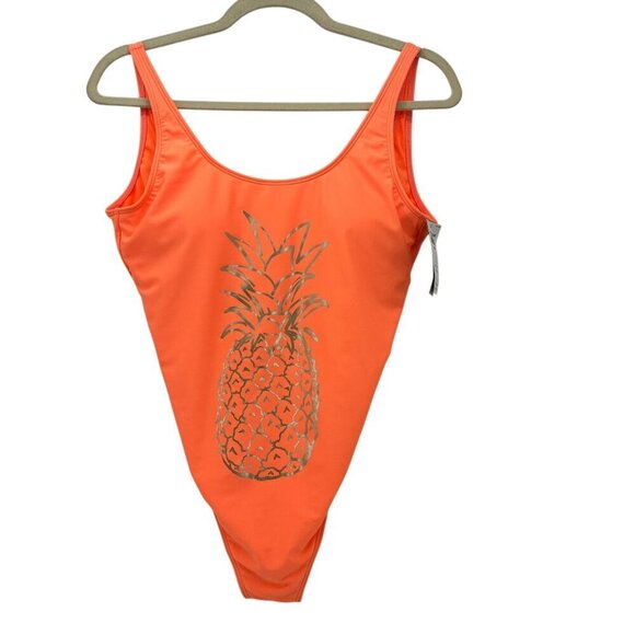 NWT Hollister Pineapple Neon Orange Gold Padded Swimsuit Womens Medium - Picture 1 of 9